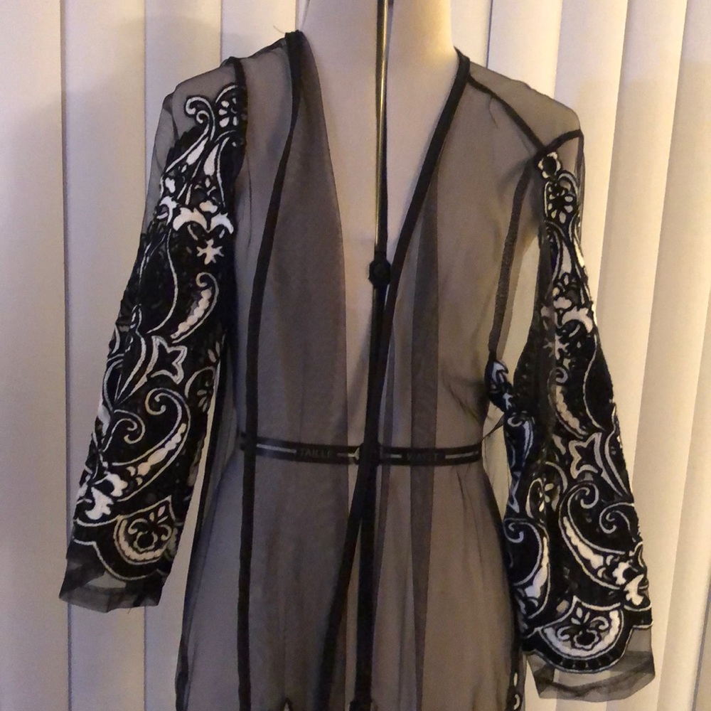 Black sheer embroidered kimono for evening wear